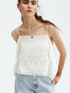 H&M Edition Strappy Embroidery Top White S/S 2026 Cotton Tie Side Crop NWT
